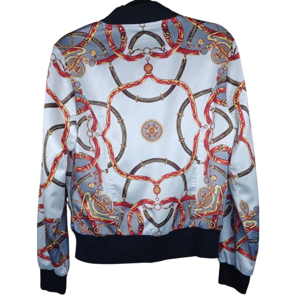 Vintage WD•NY Baroque Equestrian Bomber Jacket Large Gold Chain & Bridle Print - Picture 2 of 6